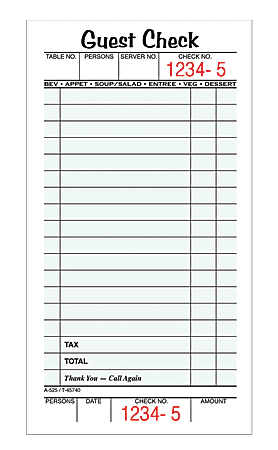 Adams® Guest Check Books, 1-Part, 3 2/5" x 6 3/4", 10 Pads Of 50 Sheets Each (500 Guest Checks Total)