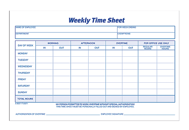 Adams™ Weekly Time Sheets, 8 1/2" x 5