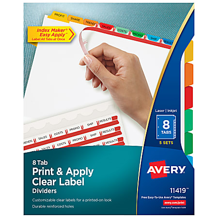 Avery® Customizable Index Maker® Dividers For 3 Ring Binder, Easy Print & Apply Clear Label Strip, 8 Tab, Multicolor, Pack Of 5 Sets