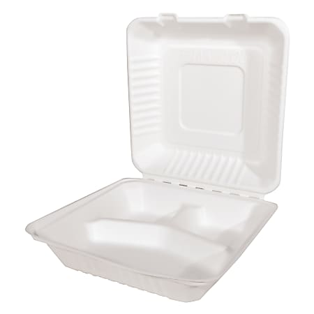 SCT® ChampWare™ Molded-Fiber Clamshell 3-Compartment Containers, 9"H x 9"W x 3"D, White, Pack Of 200 Containers