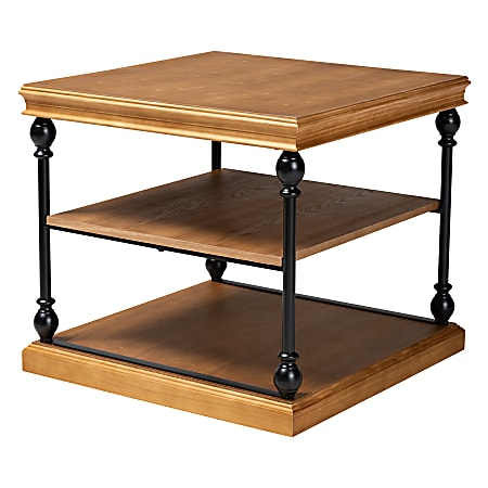 Baxton Studio Sebastian Traditional Industrial Metal 3-Tier End Table, 25”H x 28-1/8”W x 28-1/8”D, Oak Brown/Black