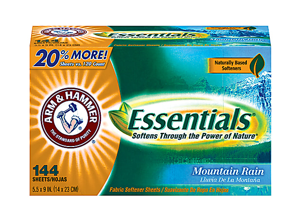 Arm & Hammer Essentials Dryer Sheets, Mountain Rain Scent, 144 Sheets Per Box, Case Of 6 Boxes