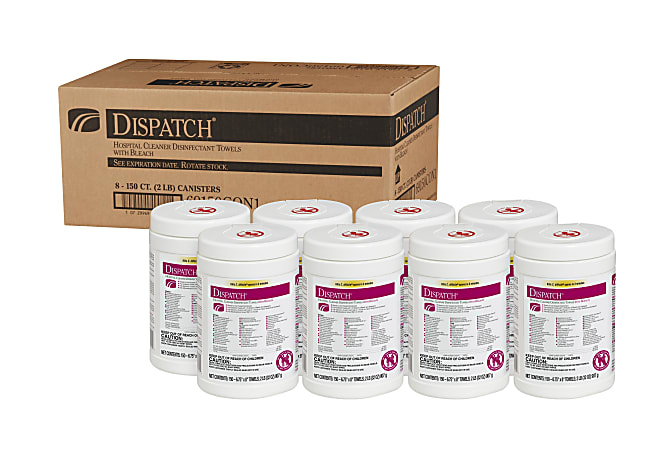 Clorox Healthcare Dispatch Hospital Cleaner Disinfectant Towels With Bleach, Unscented, 6-3/4" x 8", 150 Towels Per Canister, Pack Of 8 Canisters