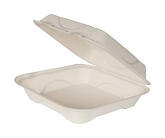 Eco-Products Bagasse Hinged Clamshell Containers, 3"H x 6"W x 6"D, White, 50 Containers Per Pack, Carton Of 10 Packs