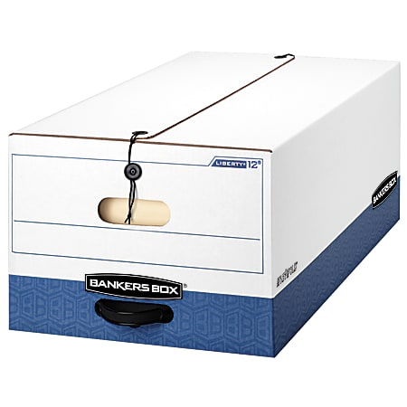 Bankers Box® Liberty® FastFold® Heavy-Duty Storage Boxes With Locking Lift-Off Lids And Built-In Handles, Legal Size, 24" x 15" x 10", 60% Recycled, White/Blue, Case Of 4