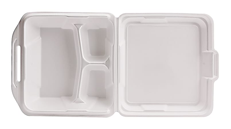 Genpak 3-Compartment Hinged-Lid Foam Carryout Containers, 9 1/4" x 3", White, 100 Containers Per Bag, Carton Of 2 Bags