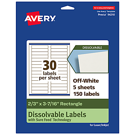 Avery® Dissolvable Labels With Sure Feed® Technology, 94210-DWMP5, Rectangle, 2/3"x3-7/16", Matte Off-White, Pack Of 150