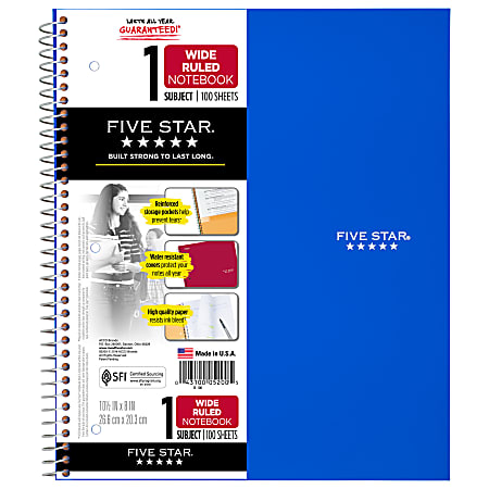 Five Star® Notebook, 8" x 10 1/2", 1 Subject, Wide Ruled, 50 Sheets, Assorted Colors (No Color Choice)