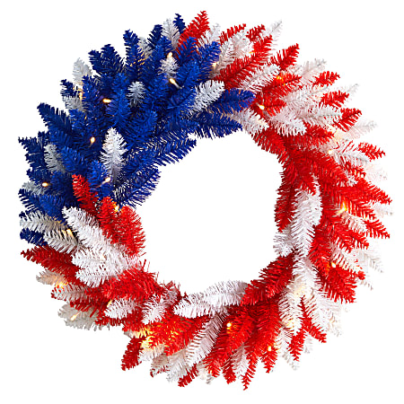 Nearly Natural Patriotic Americana 18”H Artificial Wreath With 20 LED Lights, 18”H x 18”W x 3”D, Red/White/Blue