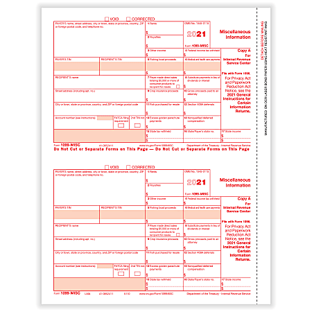 ComplyRight™ 1099-MISC Tax Forms, Federal Copy A, 2-Up, Laser, 8-1/2" x 11", Pack Of 25 Forms