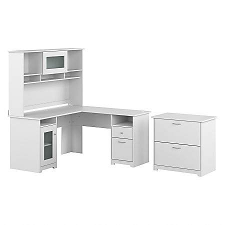 Bush Business Furniture Cabot 60"W L-Shaped Corner Desk With Hutch And Lateral File Cabinet, White, Standard Delivery