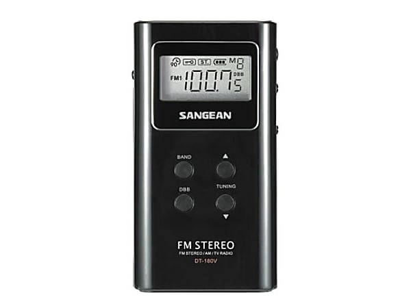 Sangean DT180BLK Portable Pocket AM/FM Digital Clock Radio, 3-11/16&rdquo;H x 3/4&rdquo;W x 1-15/16&rdquo;D, Black