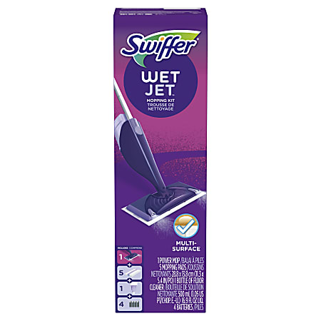 Swiffer WetJet Hardwood and Floor Spray Mop Cleaner Starter Kit, Includes:  1 Power Mop, 10 Pads, Cleaning Solution, Batteries, 16 Piece Set, Purple