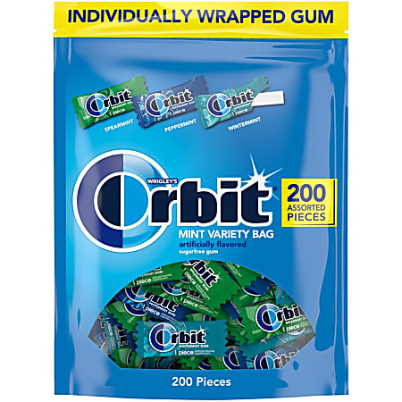 Orbit Peppermint, Spearmint And Wintermint Assorted Sugar-Free Chewing Gum Bulk Pack, 13.4 Oz, Bag Of 200 Pieces