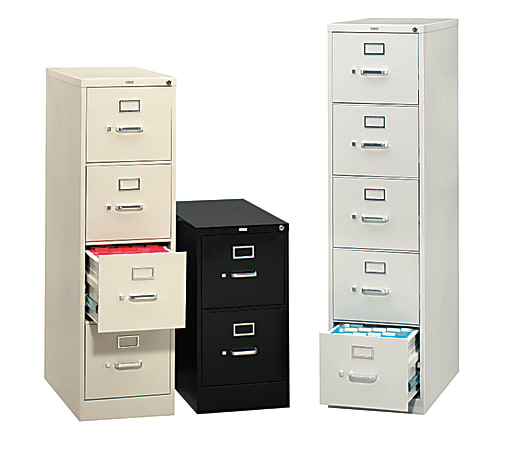 HON 210 Series Full-Featured Vertical File, 5 Drawers, Letter Size, 30% Recycled, 60"H x 15"W x 28 1/2"D, Light Gray