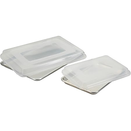 Nordic Ware 4 Piece Baking Pan Set - 18" Length 13" Width Sheet Pan, 13" Length 9" Width Sheet Pan, Lid - Aluminum, Plastic Lid, Galvanized Steel - Baking - Gray - 1 Piece(s) / Case