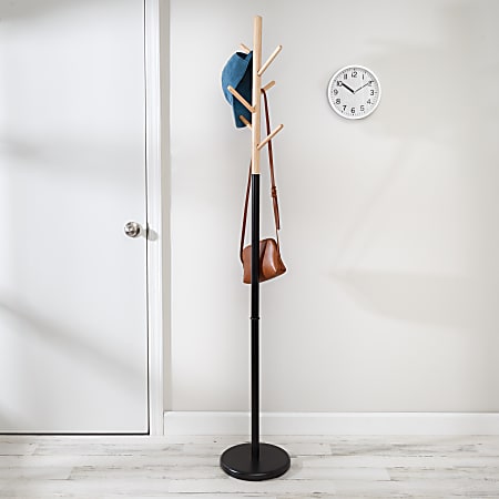 Honey Can Do Modern Freestanding Coat Tree Stand With Round Base, 69”H x 11”W x 11”D, Black/Natural