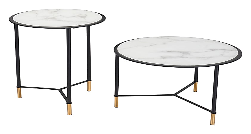 Zuo Modern Davis Tempered Glass And Steel Round Coffee Table Set, 21-15/16”H x 31-1/2”W x 31-1/2”D, White/Black