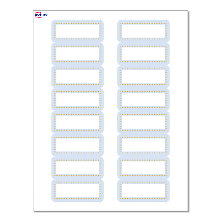 Avery® Print-To-The-Edge Labels & Sure Feed®, S00-D2E-PRWMP10, 1" x 2-5/8", Matte White, Preprinted Blue Border & Gold Dots Design, Pack Of 160