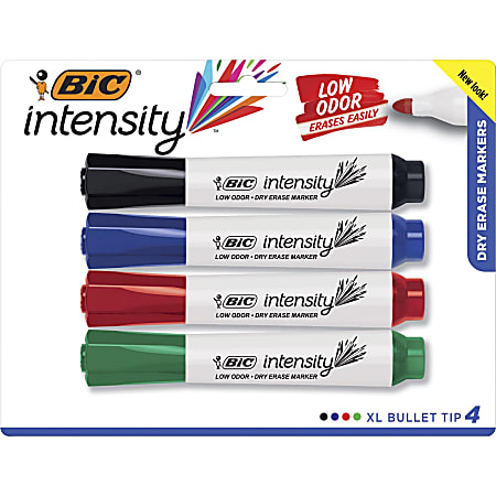BIC® Intensity Low-Odor Dry-Erase Markers, Chisel Tip, Assorted Colors, Pack Of 4 Markers