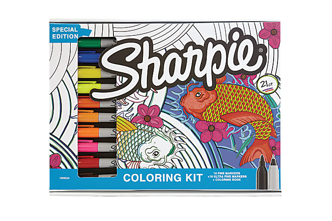 Sharpie® Aquatic Coloring Kit Markers, Ultra Fine Point/Fine Point, Black Barrel, Assorted Ink Colors