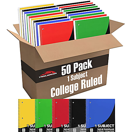 Trailmaker Notebooks, 8" x 10-1/2", 1 Subject, College Ruled, 70 Sheets, Assorted Colors, Pack Of 50 Notebooks