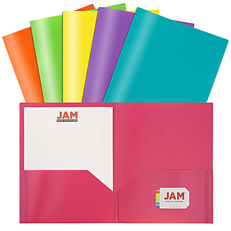 JAM Paper® POP Plastic 2-Pocket School Folders, 9-1/2" x 11-1/2", Assorted Fashion, Pack Of 6 Folders