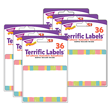 TREND Terrific Labels, T-68130-6, 3" x 2-1/2", Cheerful Stripes, 36 Labels Per Pack, Bundle Of 6 Packs
