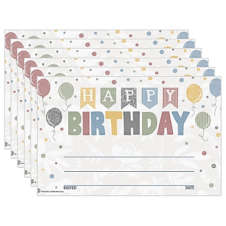 Teacher Created Resources Awards, 5-1/2" x 8-1/2", Classroom Cottage Happy Birthday, 30 Awards Per Pack, Bundle Of 6 Packs