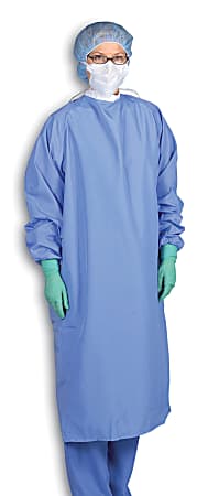 Medline 1-Ply Blockade Surgeons' Gowns, Snap Neck And Tie Mid-Back, X-Large, Ceil Blue, Pack Of 12