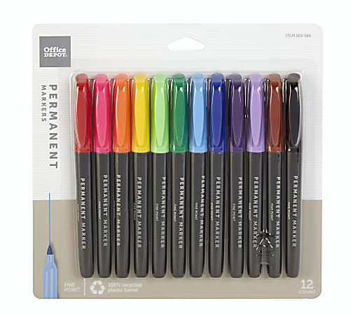 Office Depot® Brand Permanent Markers, Fine Point, 100% Recycled Plastic Barrel, Assorted Colors, Pack Of 12