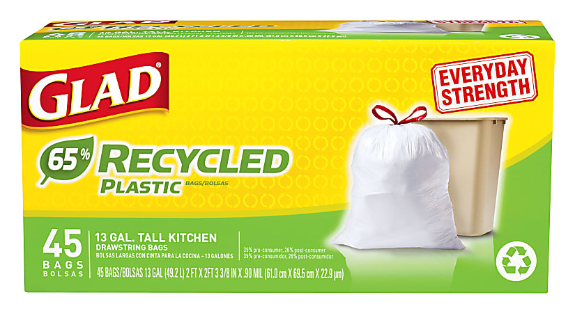 Glad® Kitchen Drawstring Trash Bags, 13 Gallons, 65% Recycled, White, Box Of 45