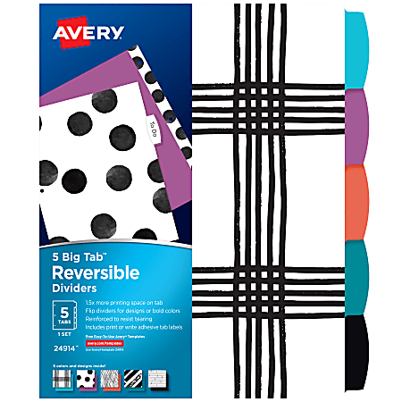 Avery® Big Tab™ Reversible Fashion Dividers, 8 1/2" x 11", 5 Tab, Black/White, 1 Set