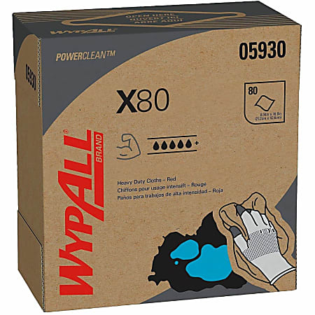 Wypall Power Clean X80 Heavy Duty Cloths - 16.80"x8.34"- Absorbent, Durable, Reusable, Foldable, Contaminant-free, Durable - Red - 80/Box - 5/Carton