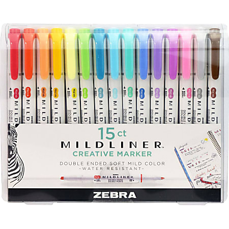 Zebra Mildliner Double Ended Highlighters ChiselFine Point White Barrels  Assorted Ink Colors Pack Of 15 Highlighters - Office Depot