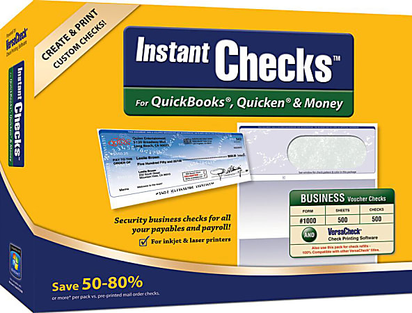 VersaCheck® InstantChecks™ Form #1000 For QuickBooks®, Quicken® & Money, Green Classic, 250 Sheets, Disc