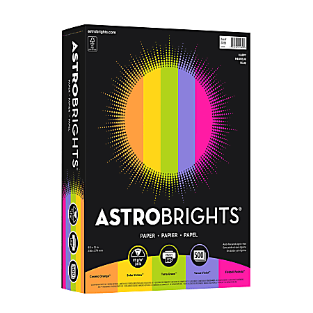 Astrobrights® Colored Multi-Use Print & Copy Paper, Letter Size (8 1/2" x 11"), 24 Lb, "Happy" 5 Color Assortment, Ream Of 500 Sheets