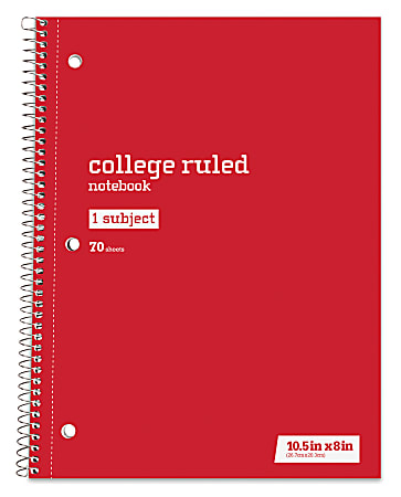 Just Basics&reg; Spiral Notebook, 8" x 10-1/2", College Ruled, 70 Sheets, Red