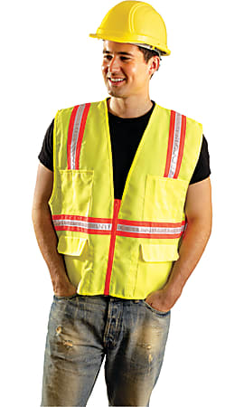 R3 Safety Non ANSI Contractor Style Solid Vests, Large, Hi Viz Yellow; Orange Trim