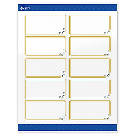 Avery® Printable Labels & Sure Feed®, S00-DMZ-PRWGP10, 2" x 4", Glossy White, Preprinted Double Gold Border & Floral Design, Pack Of 100