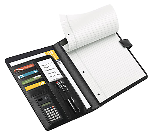 Office Depot® Brand Padfolio With Magnetic Closure And Calculator, 11 1/10"H x 10 1/2"W x 1 3/10"D, Black