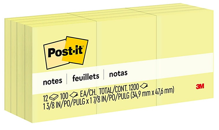 Post-it Notes, 1 3/8 in x 1 7/8 in, 12 Pads, 100 Sheets/Pad, Clean Removal, Canary Yellow