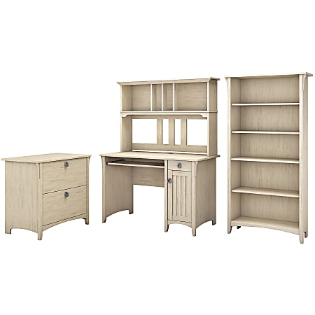 Bush Furniture Salinas Mission 48"W Computer Desk With Hutch, Lateral File Cabinet And 5 Shelf Bookcase, Antique White, Standard Delivery
