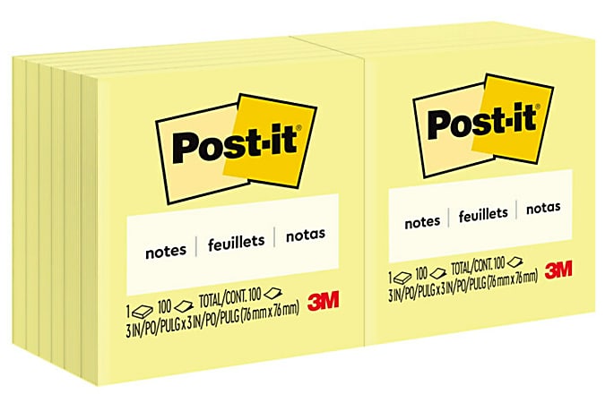 Post-it® Notes, 3 in x 3 in, 12 Pads, 100 Sheets/Pad, Clean Removal, Canary Yellow