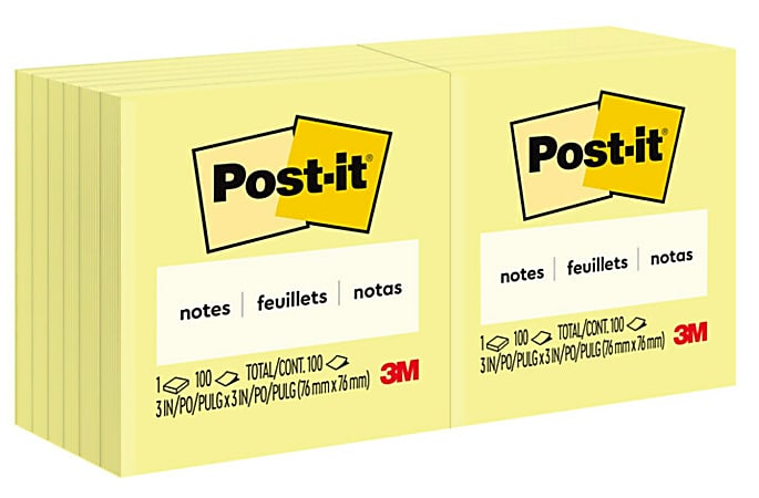 Post-it® Notes, 12 Pads, 3 in x 3 in, Clean Removal, School Supplies and Office Products, Sticky Notes  - 654
