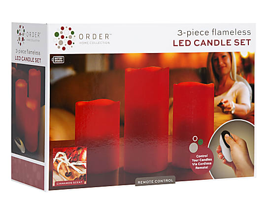 Order 3 Piece Flameless LED Candle Set With Remote Cinnamon Scent Red Office Depot