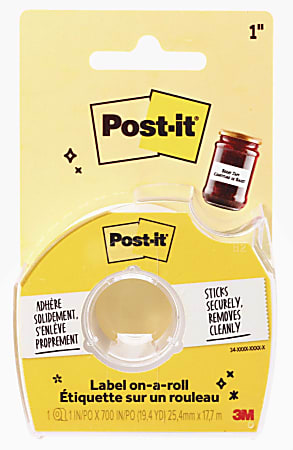 Post-it White Label on-a-roll Tape with Tape Dispenser, 1 in. x 700 in., Great label maker for creating labels for spice jars and journals