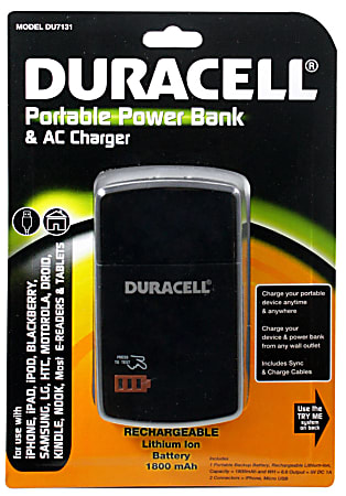 Duracell® Portable Power Bank And AC Charger With 1800mAh Battery