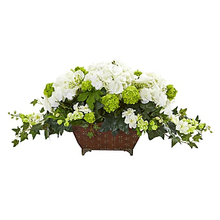 Nearly Natural Hydrangea And Ivy 15-1/2”H Artificial Floral Arrangement With Metal Planter, 15-1/2”H x 35”W x 17”D, White