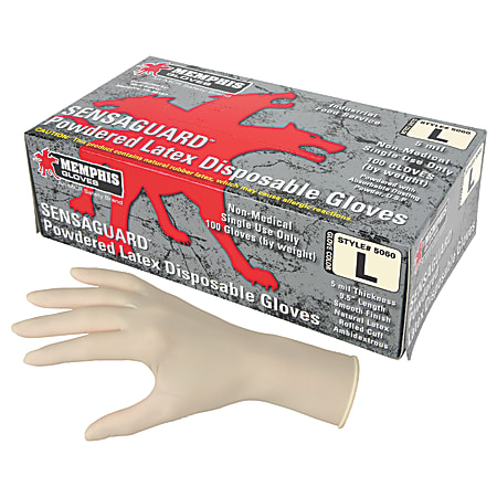 Memphis Gloves Disposable Gauntlet Powdered Latex Gloves, Large, White, Box Of 100